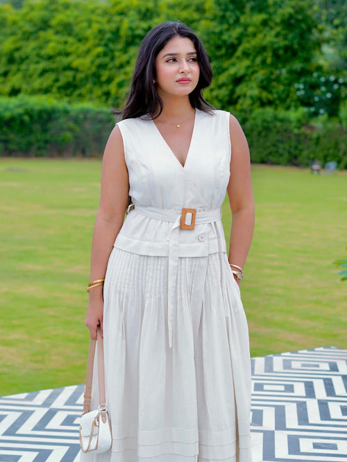 Delilah wrap dress with buckle waist and pleated skirt