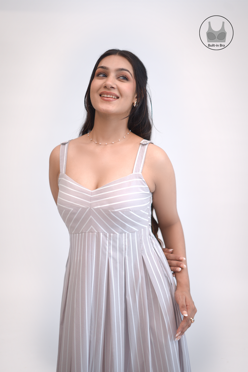 Daisy striped cotton poplin mini dress with sweetheart neckline and adjustable buttons on straps
