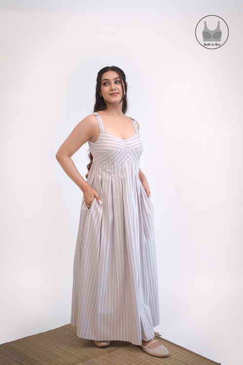 Daisy striped cotton poplin maxi dress with sweetheart neckline and built-in-bra-support