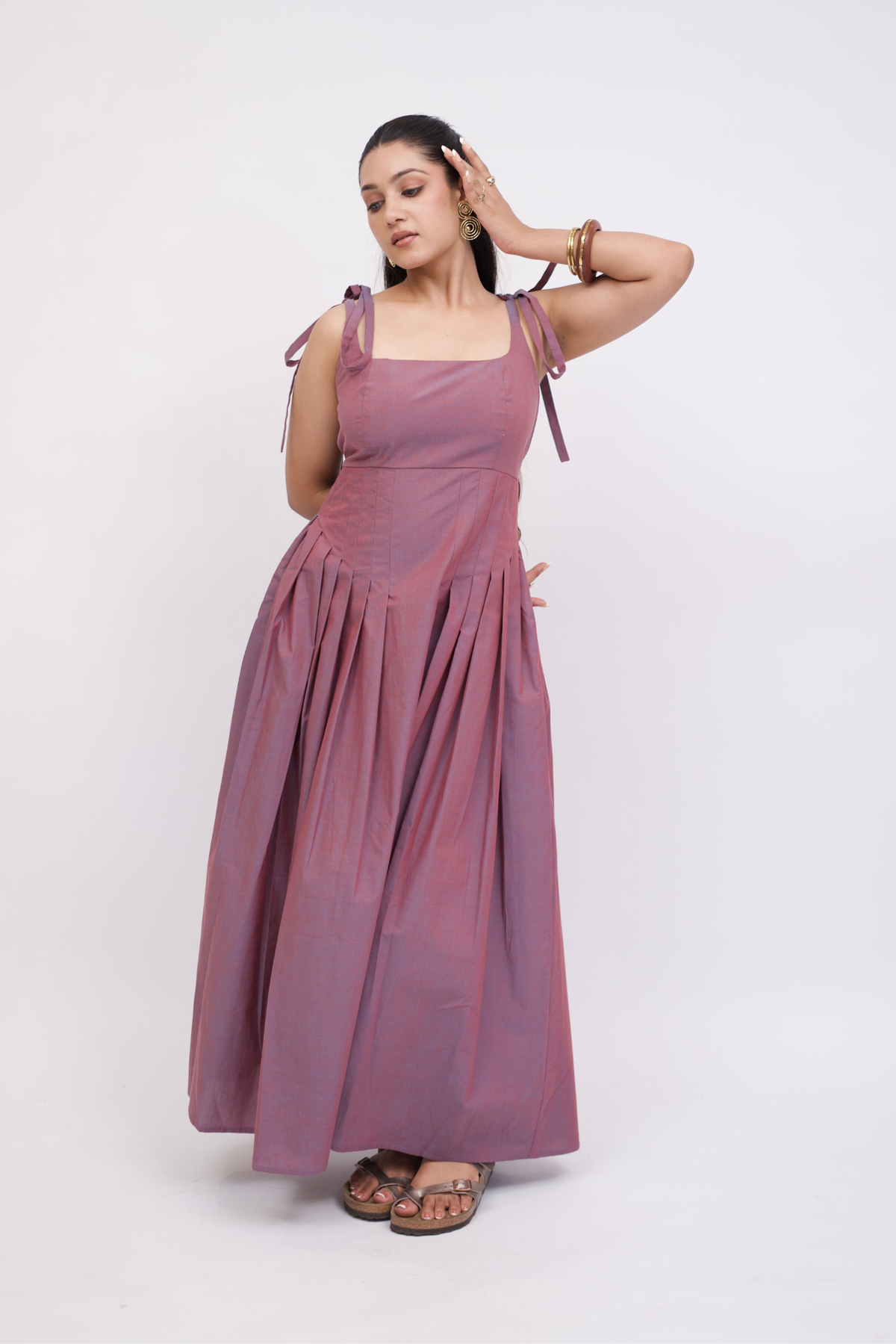 Lexi dual toned cotton chambray dress with pleated skirt and adjustable straps